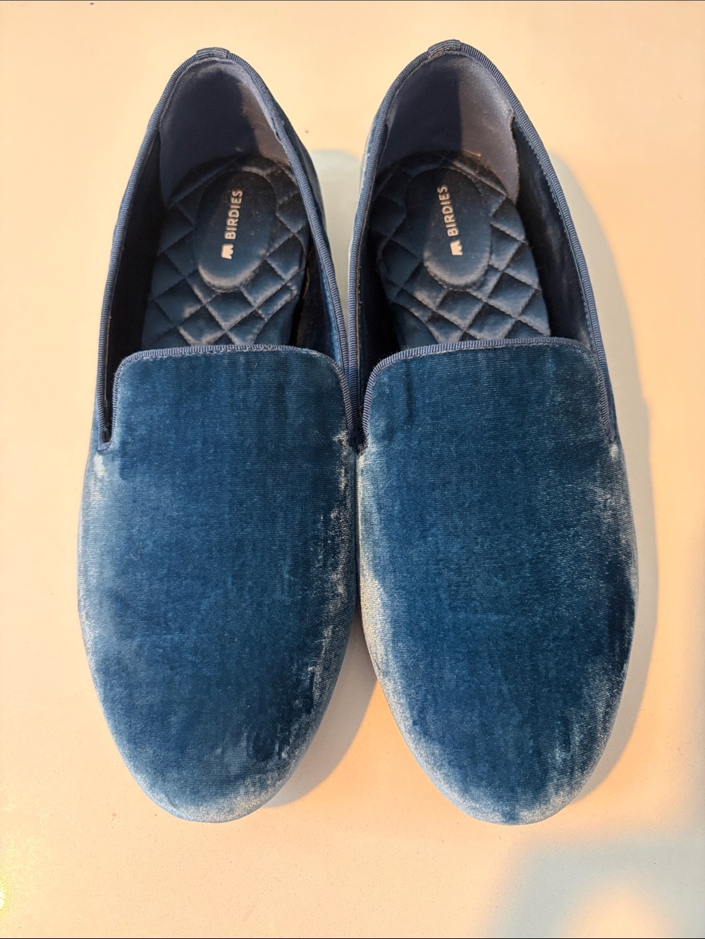 Birdies Starling Blue Velvet Smoking Slipper Loafer Flat, Women’s rare size 10.5